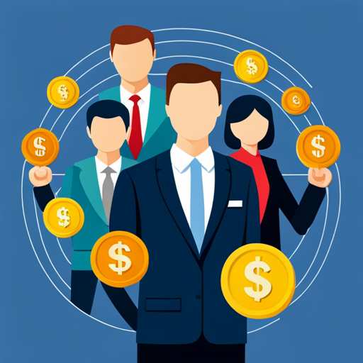 An image showcasing a diverse group of businessmen and businesswomen, surrounded by stacks of coins and dollar signs, as they confidently manage payroll using user-friendly and cost-effective software