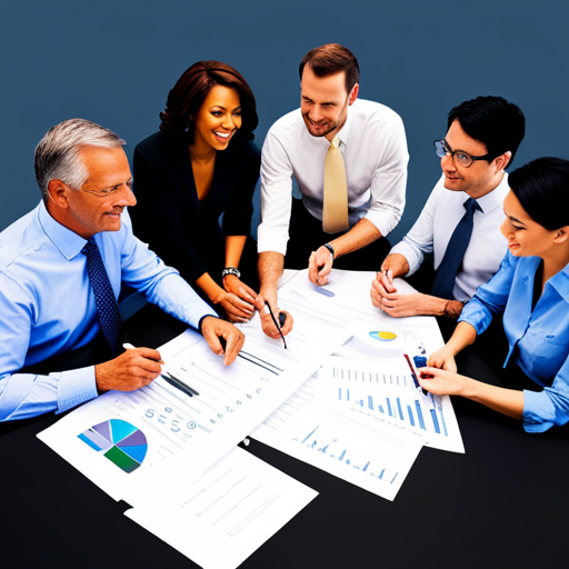 An image depicting a diverse group of professionals in an office setting, surrounded by intricate tax forms and charts