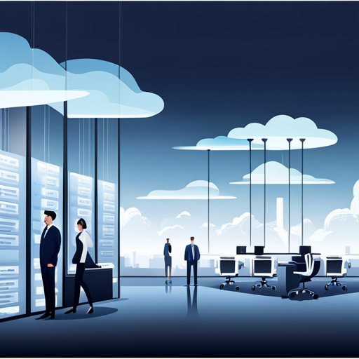 An image showcasing a futuristic office environment with employees seamlessly managing payroll tasks on their devices, surrounded by a cloud-shaped network symbolizing the efficiency and convenience of cloud-based payroll software platforms