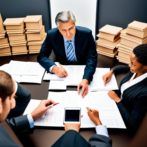 An image showcasing a group of business professionals engaged in a focused discussion around a table, surrounded by stacks of paperwork and tax forms