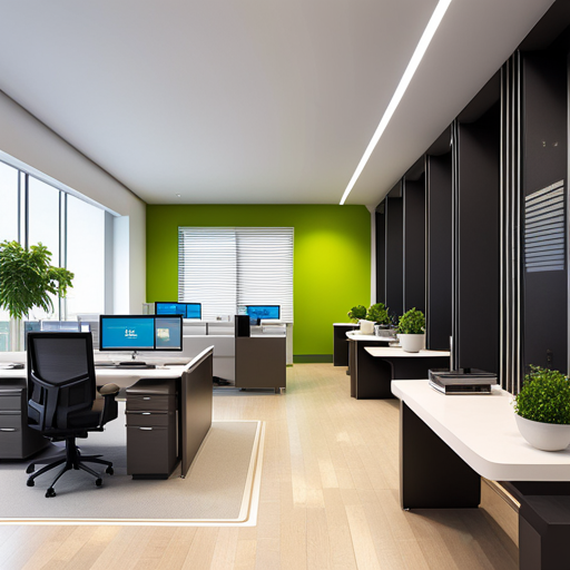 An image showcasing a modernized office environment with employees effortlessly managing payroll tasks on sleek, intuitive software interfaces