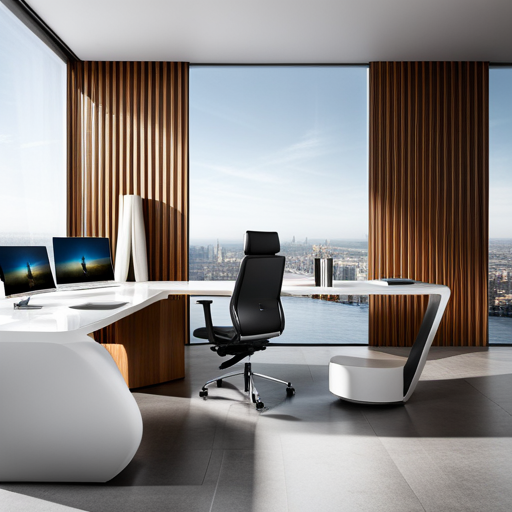 An image of a sleek, futuristic office desk with a computer screen displaying a user-friendly payroll management software