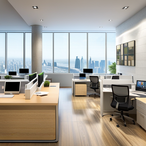 An image showcasing a sleek, modern office with a centralized payroll management system at its core