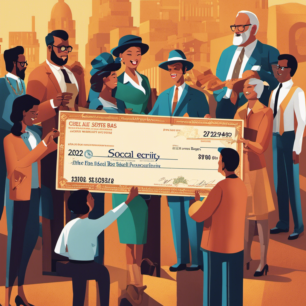 An image showcasing a diverse group of people exchanging paychecks, with the figures representing the 2024 Social Security Wage Base clearly displayed on each check