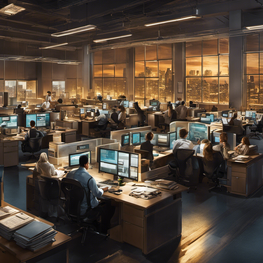 An image capturing a bustling office scene with employees diligently working late into the night, while a clock with hands moving rapidly symbolizes the intricate calculations employers undertake to determine overtime