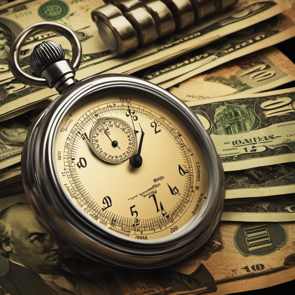 An image that depicts a vintage stopwatch beside a stack of dollar bills and a pay stub, showcasing the process of calculating hours worked with wages