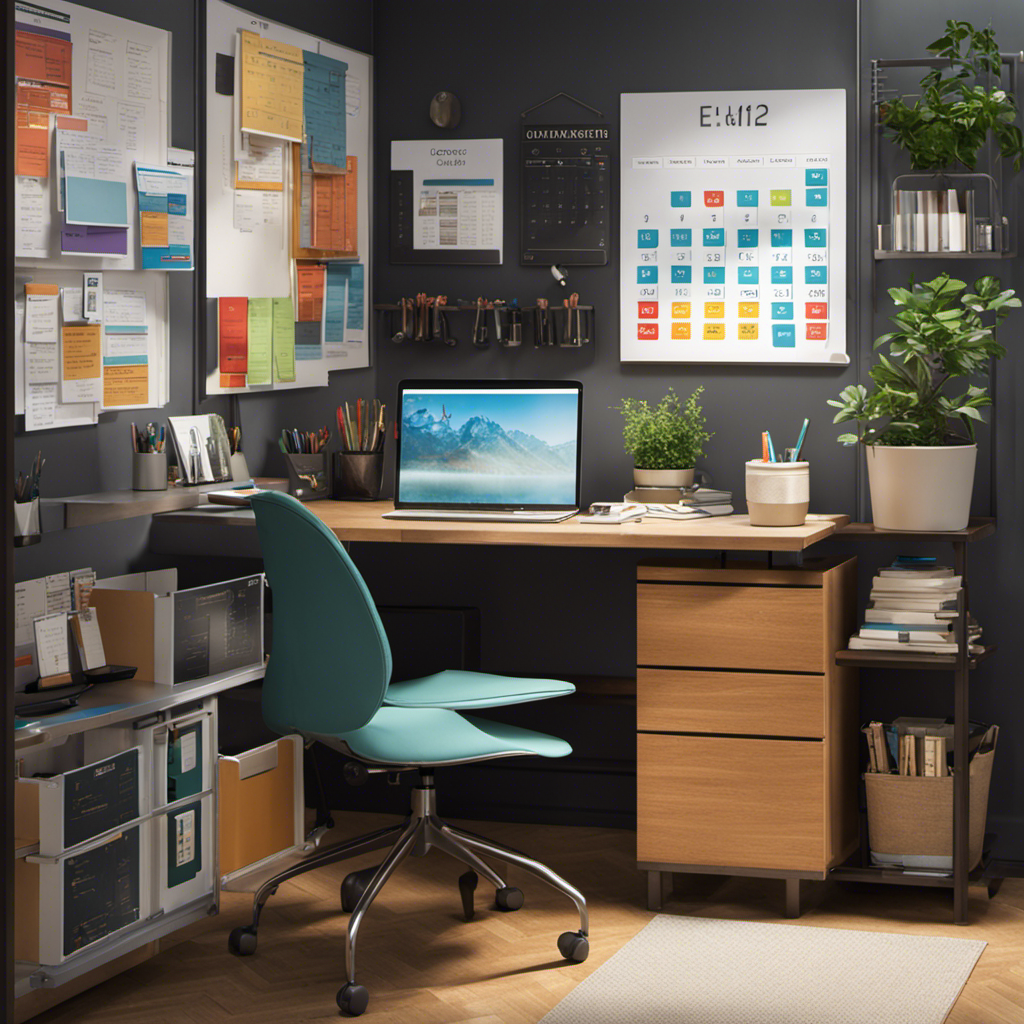 An image that portrays a sleek and organized workspace, with a clutter-free desk, labeled folders neatly arranged, a digital calendar displaying color-coded tasks, and a seamless flow of automated notifications