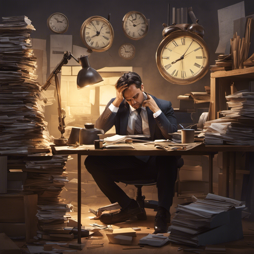 An image of a weary office worker sitting at their desk, surrounded by stacks of unfinished projects and a clock showing late hours