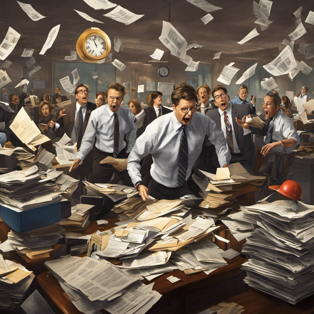 An image depicting a chaotic HR office scene with employees frantically juggling piles of paperwork, calculators, and clocks ticking away, symbolizing the stress and pressure associated with HR payroll