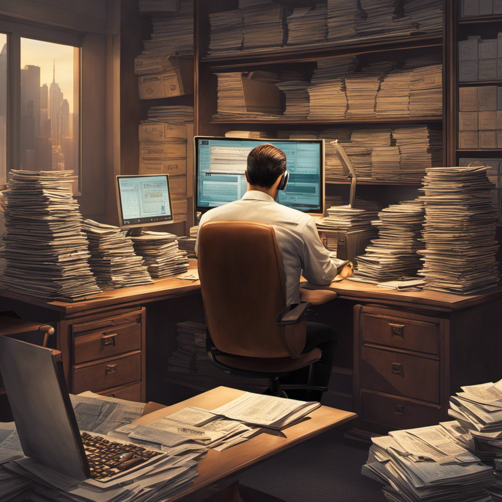 An image that portrays a person seated at a sleek, modern desk adorned with stacks of meticulously organized pay stubs, calculators, and financial documents, evoking an atmosphere of professionalism and efficiency