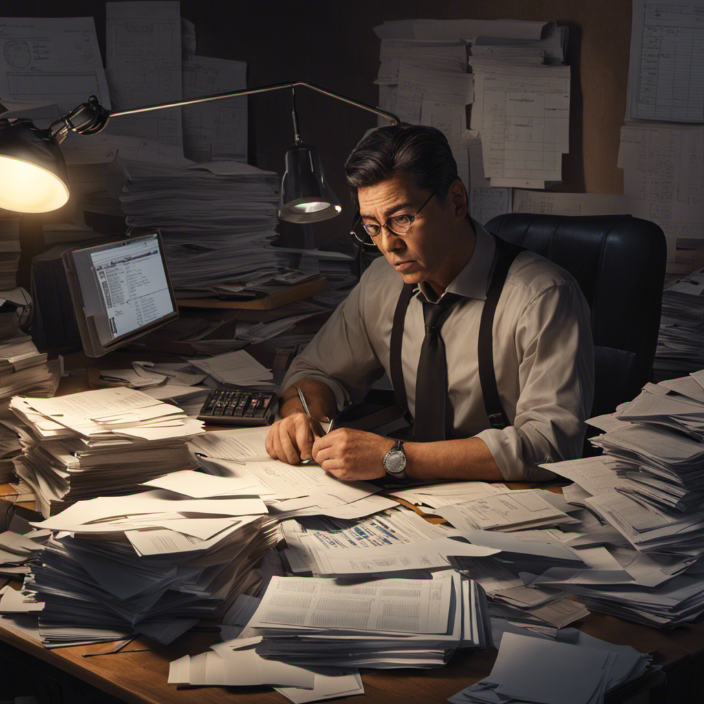 An image showcasing a person sitting at a desk cluttered with papers, spreadsheets, and calculator, looking overwhelmed