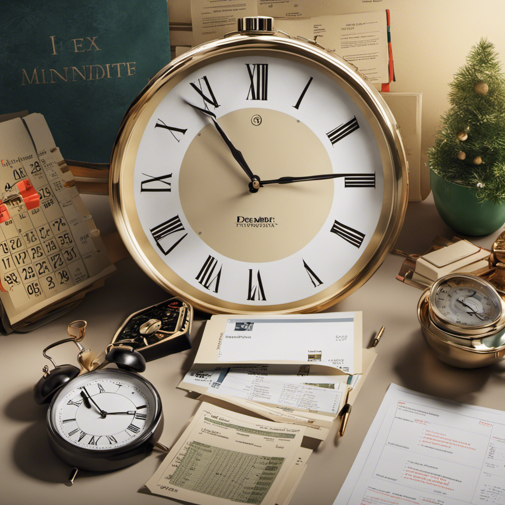 An image showcasing a calendar with December 31st circled, surrounded by neatly organized payroll documents, a calculator, and a clock ticking towards midnight, symbolizing a seamless year-end transition for optimized payroll management