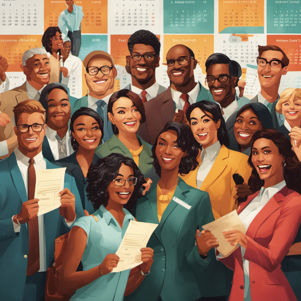An image of a diverse group of employees holding their paychecks, standing in front of a calendar