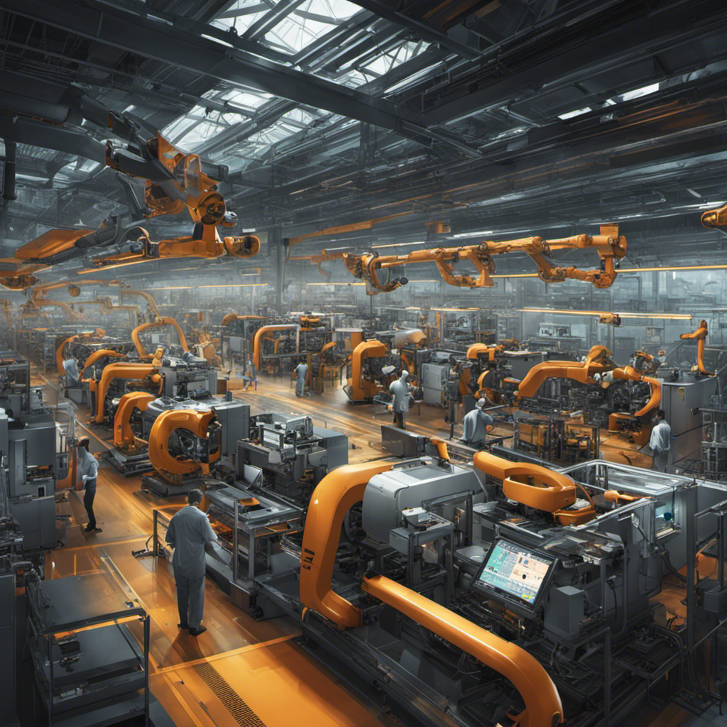 An image depicting a sleek, futuristic factory floor bustling with synchronized assembly lines, robotic arms efficiently assembling products, while data-filled dashboards display real-time performance metrics, exemplifying efficiency