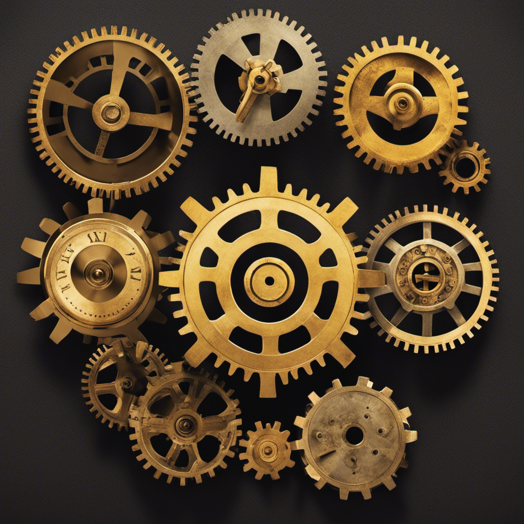 An image showcasing six interconnected gears, each labeled with one of the essential components of payroll: employee wages, deductions, taxes, benefits, timekeeping, and record-keeping