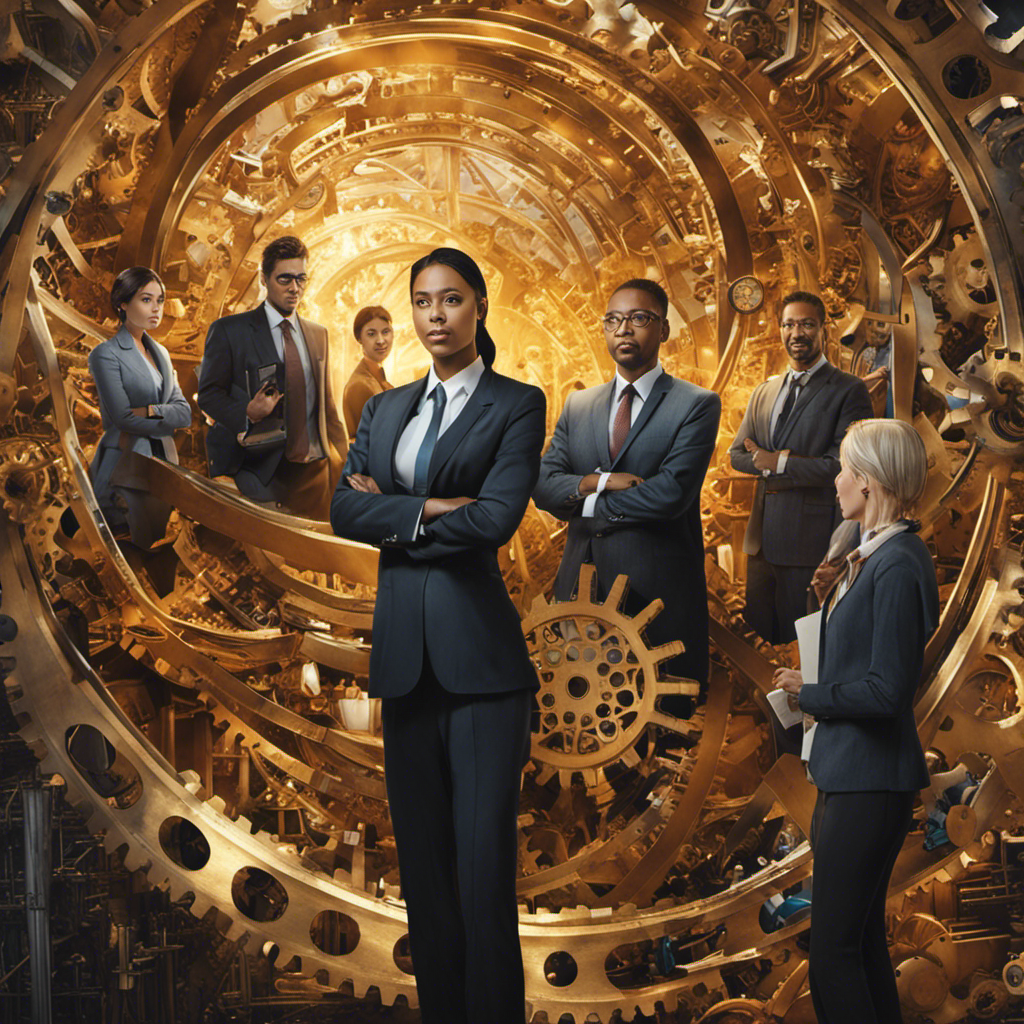 An image showcasing a diverse group of employees from various industries, each receiving their salaries through an intricate network of interconnected gears, symbolizing the complex process of payroll in business