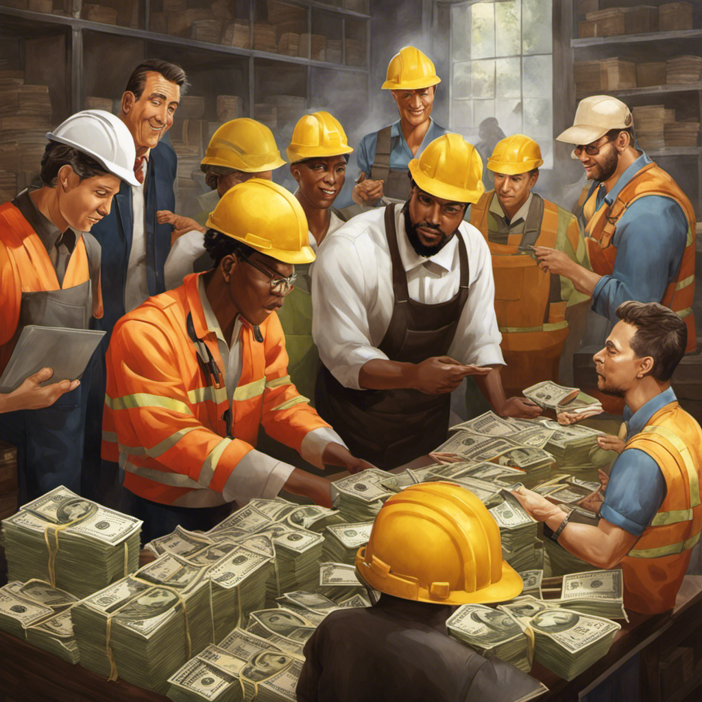 An image showcasing a diverse group of workers engaged in various occupations, each visibly receiving different amounts of money, vividly illustrating the concept of a rate of pay