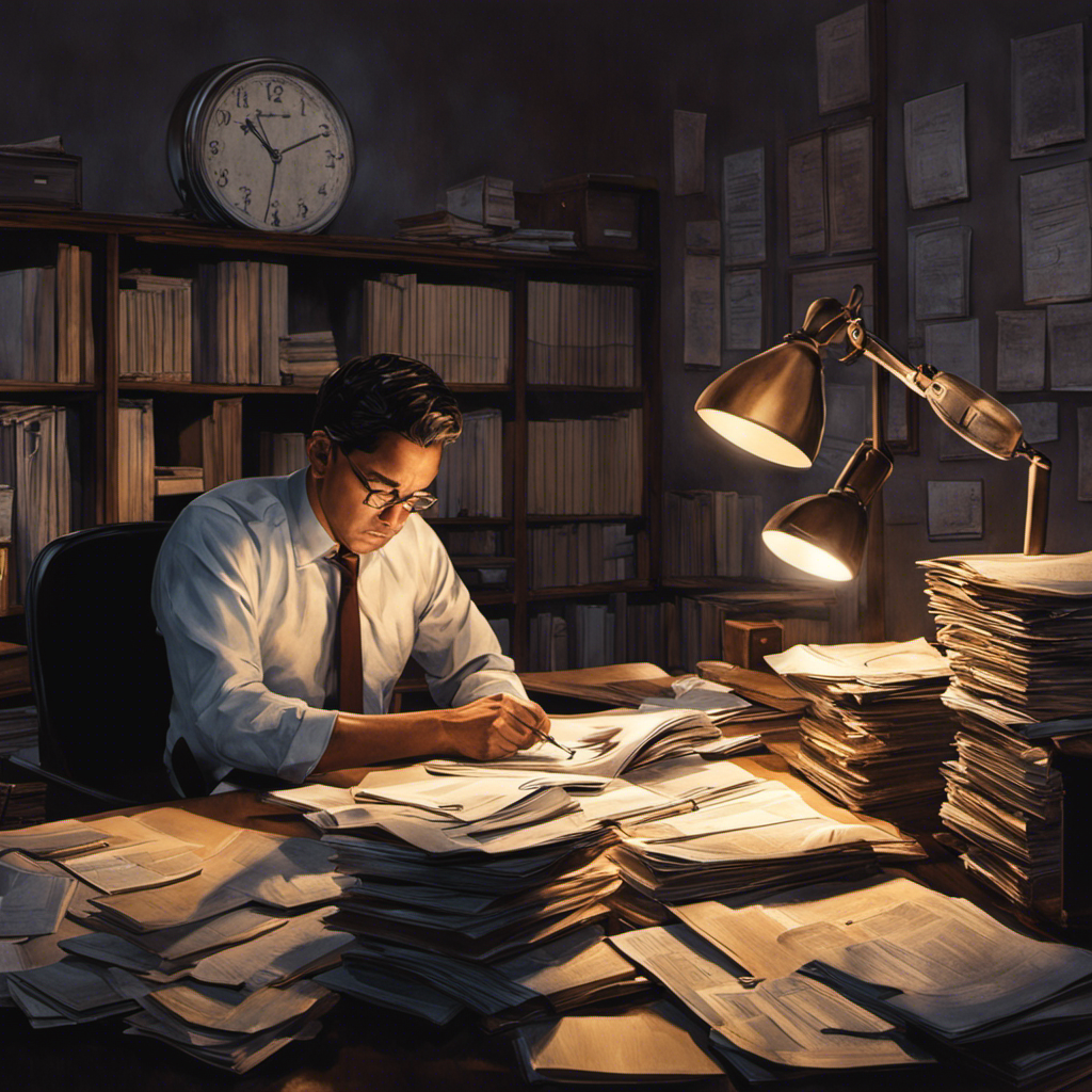 An image capturing a dimly lit office space illuminated by a single desk lamp, with a weary employee hunched over their desk, surrounded by stacks of paperwork, a clock ticking away in the background