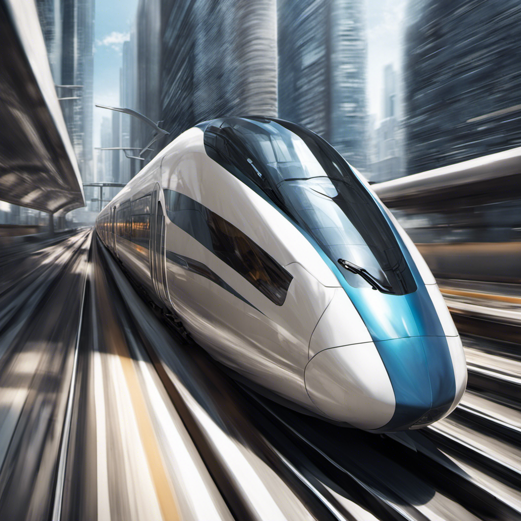 An image showcasing a sleek, high-speed train gliding effortlessly on smooth tracks, surrounded by a futuristic cityscape