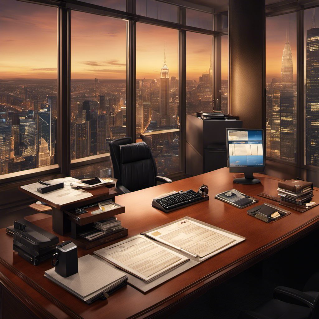 An image capturing the hierarchy of a payroll department, showcasing a visually striking representation of the topmost position, adorned with elements like a luxurious office, a prestigious title plaque, and a desk with a view of bustling city lights