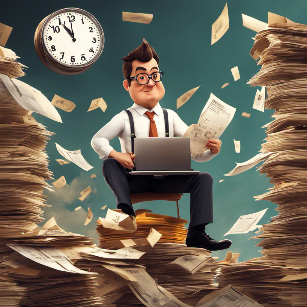 An image of a small business owner juggling various complicated payroll tasks atop a towering stack of paperwork, with a stressed expression and a ticking clock in the background