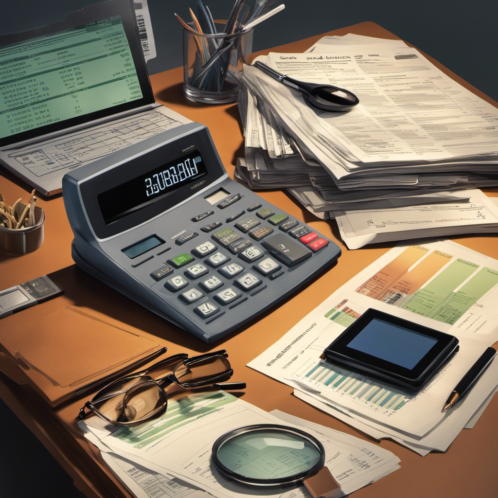 An image depicting a clean, organized desk with a calculator, stack of pay stubs, a laptop displaying a payroll software, and a magnifying glass highlighting a payroll report