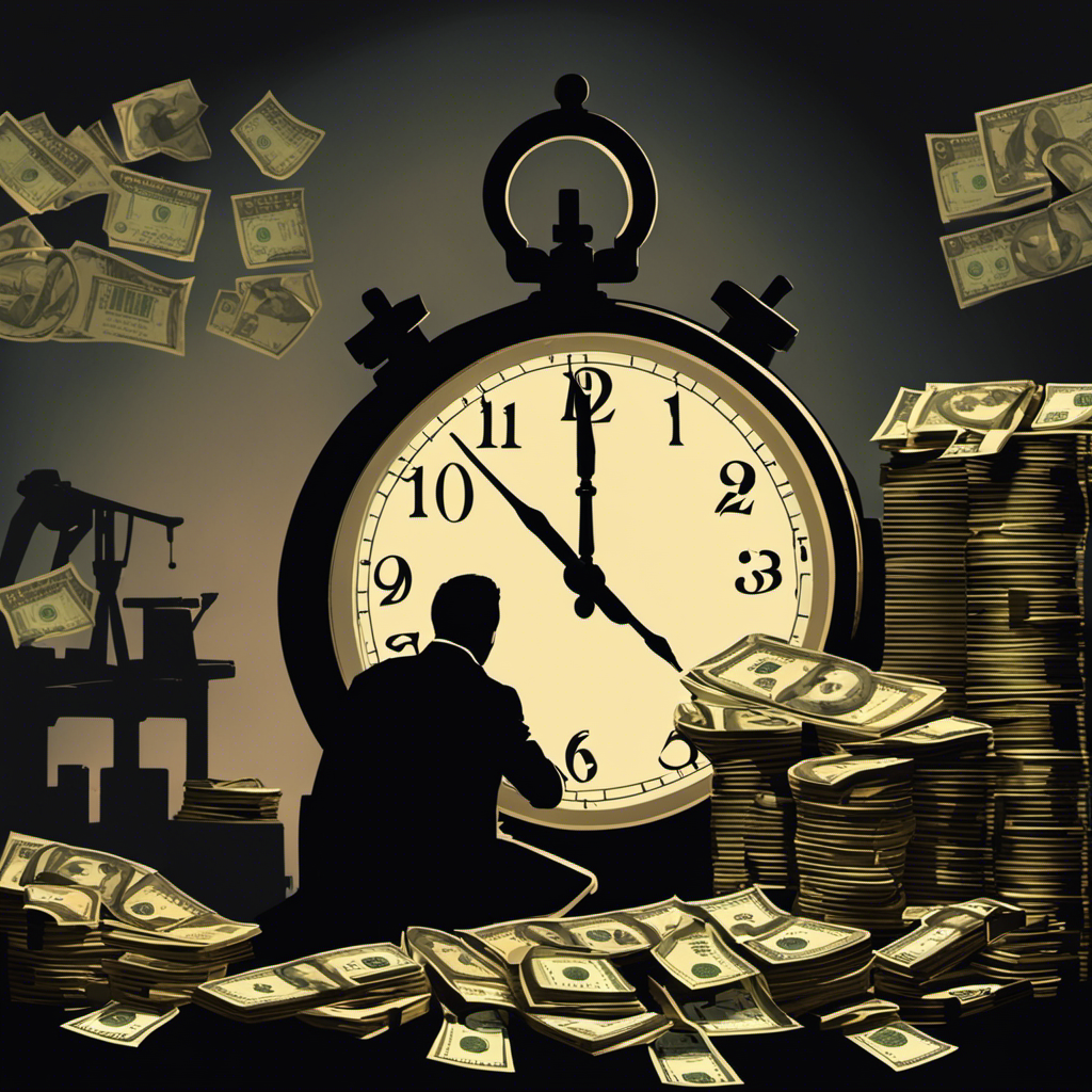 An image featuring a clock, with its hands pointing towards the evening, casting a shadow across a stack of money