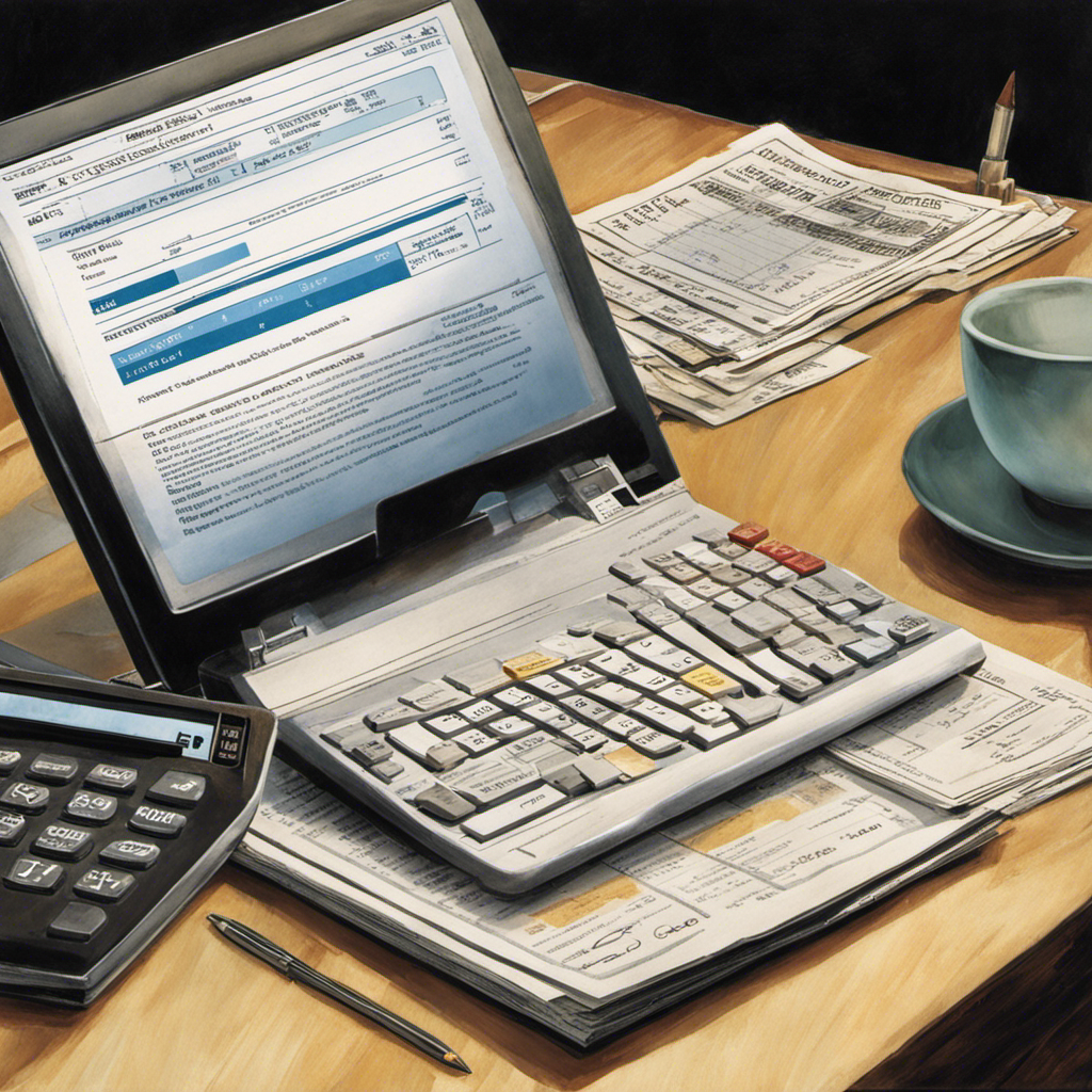 An image showcasing a desk cluttered with financial documents, a calculator, and a laptop displaying a payroll software interface