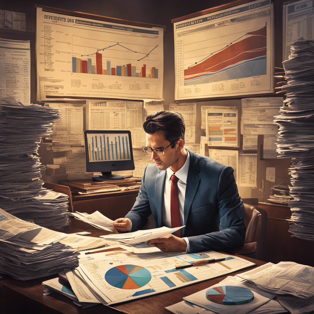 An image depicting a businessman diligently analyzing stacks of financial statements, surrounded by charts and graphs