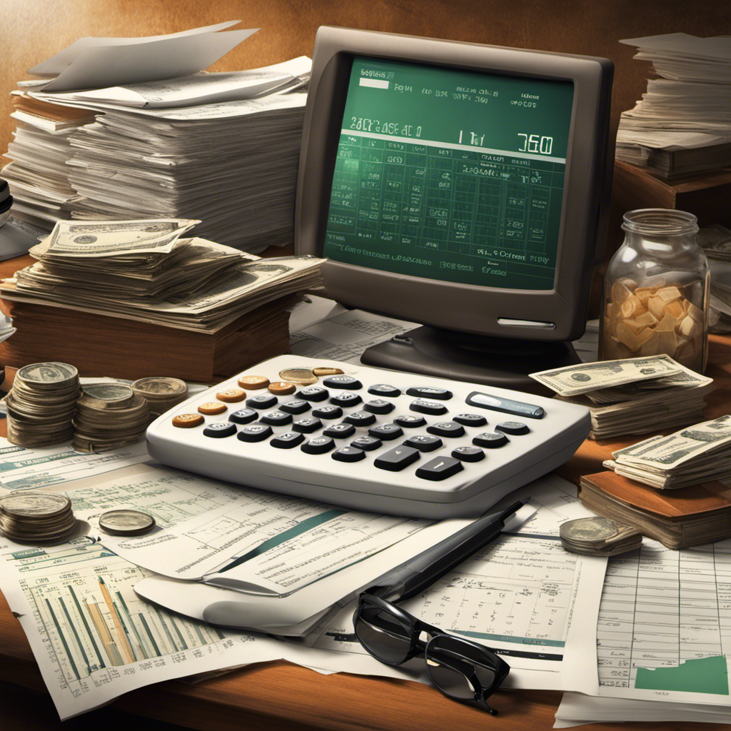 An image depicting a cluttered desk, with a calculator, spreadsheets, and a stack of pay stubs