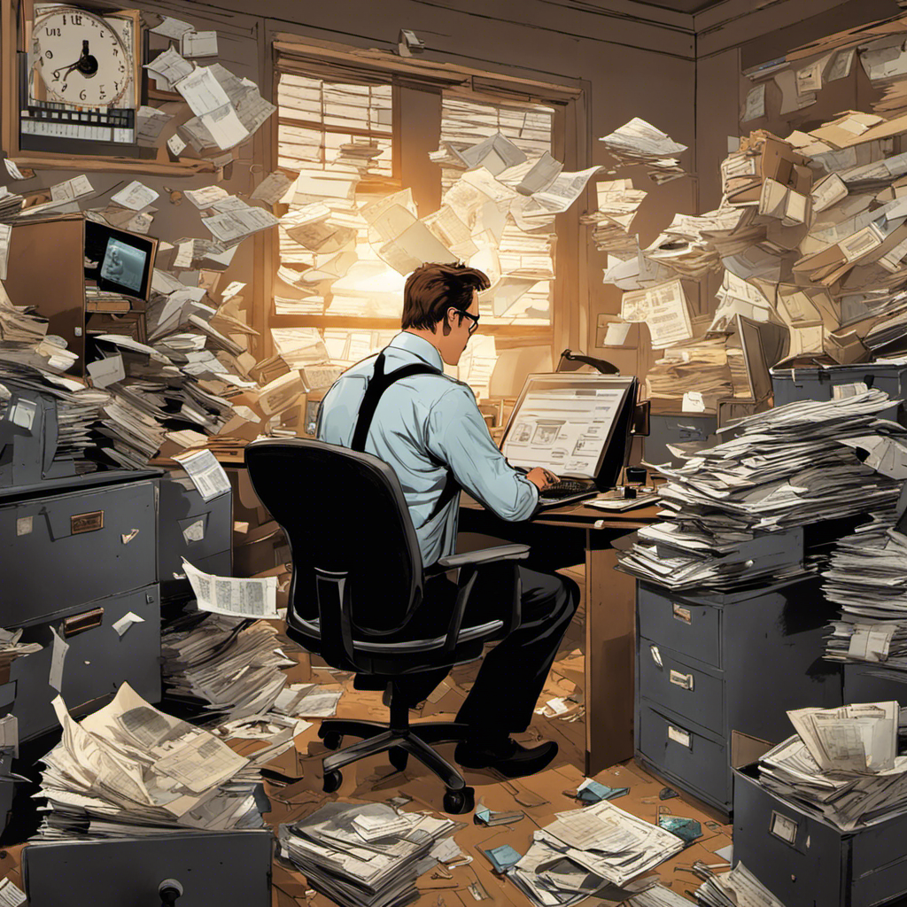 An image depicting a chaotic office scene with a frazzled employee surrounded by piles of paperwork, a ticking clock on the wall, and a computer screen displaying multiple complicated payroll calculations