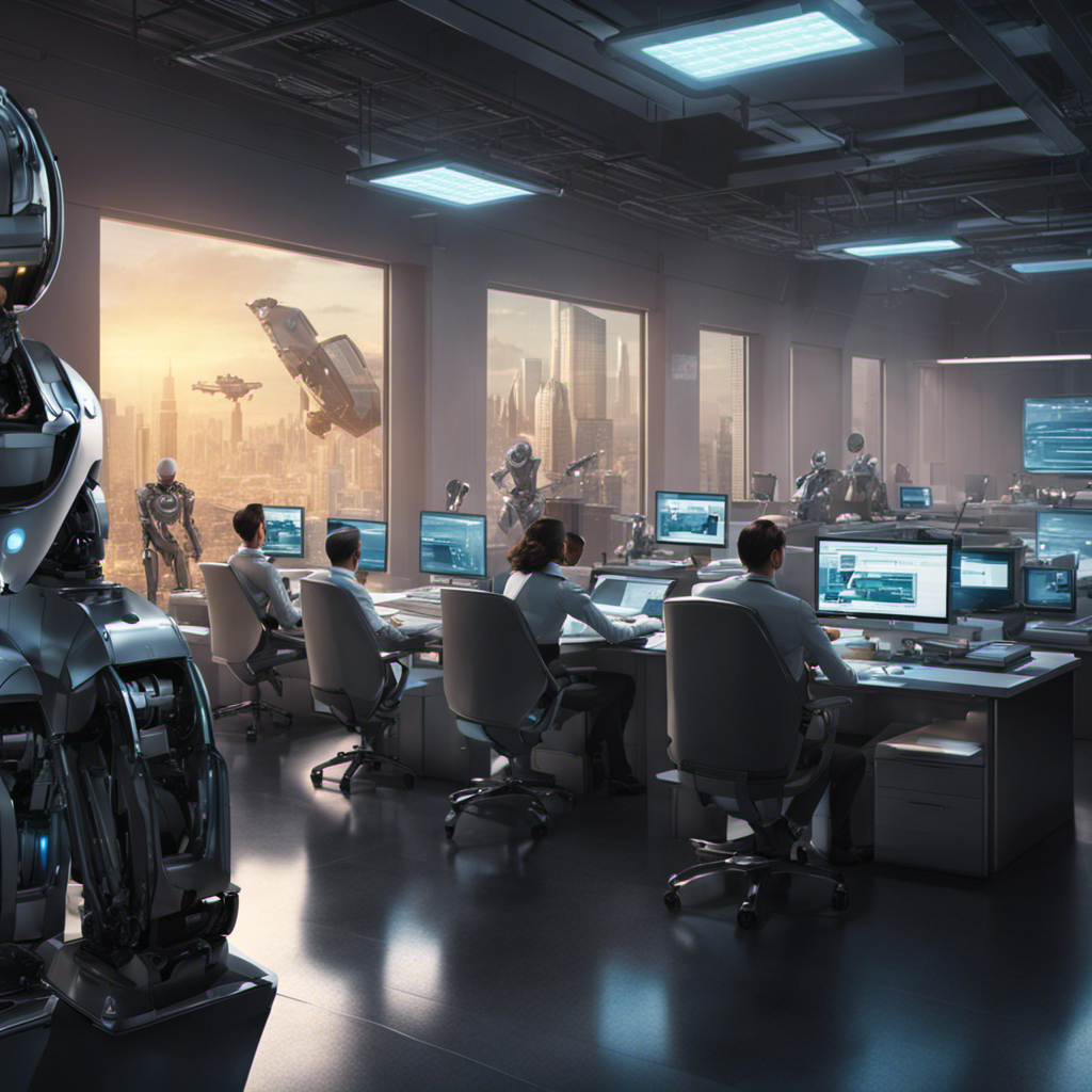 An image showcasing a futuristic office scene with robots working seamlessly to process payroll tasks
