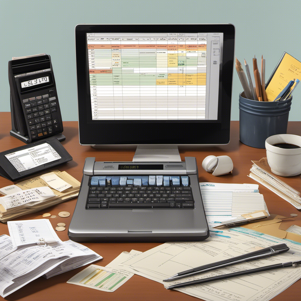 An image showcasing a neatly organized desk with a laptop displaying a spreadsheet, a stack of receipts, a calculator, and a calendar marked with April 15th