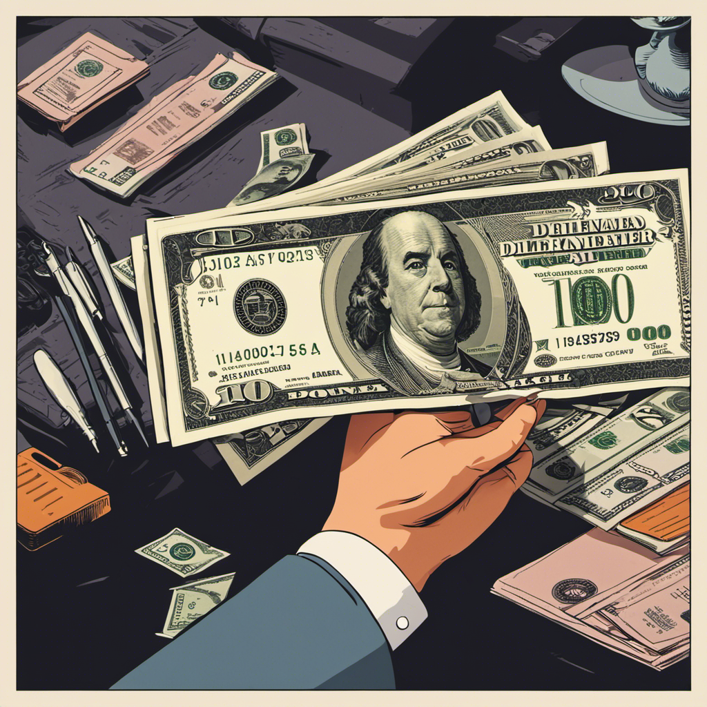 E of a hand holding a dollar bill, being snatched back by a larger hand representing payroll, against a background of office desk items
