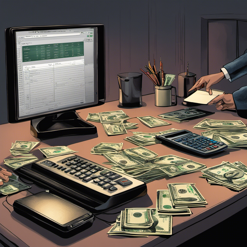 Computer screen with the Simple Practice software interface open, a calculator, and a pair of hands engaged in payroll calculations, with a subtle background of dollar bills