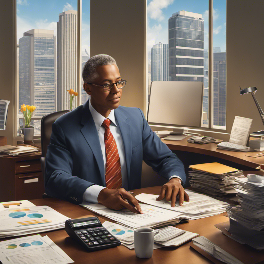 Professional at a desk with a calculator, payroll documents and corporate building in the background, showing the blend of human resources and financial responsibilities