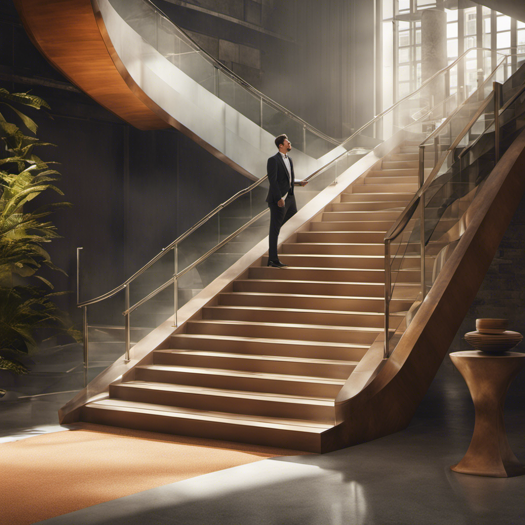 An image showing a young professional standing at the foot of a staircase, with each step representing different payroll responsibilities, symbolizing the journey of gaining experience
