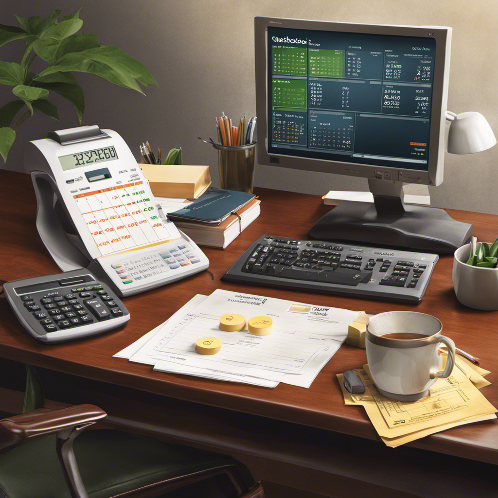  an office desk with Quickbooks logo on a computer screen, a calculator, a paycheck, and a calendar marking payroll dates