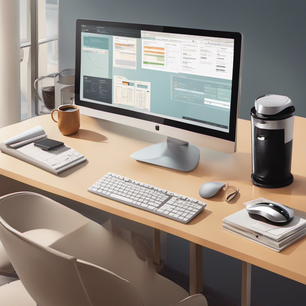 Simplified desktop with a computer, a payroll software interface on screen, a calculator, organized paperwork, and a coffee cup, with a calming, light color scheme