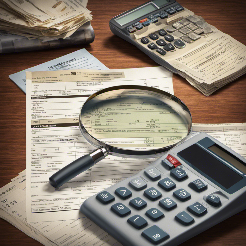 Close-up image of a magnifying glass over a calculator and a scattered pile of payroll sheets, with a visibly incorrect calculation highlighted