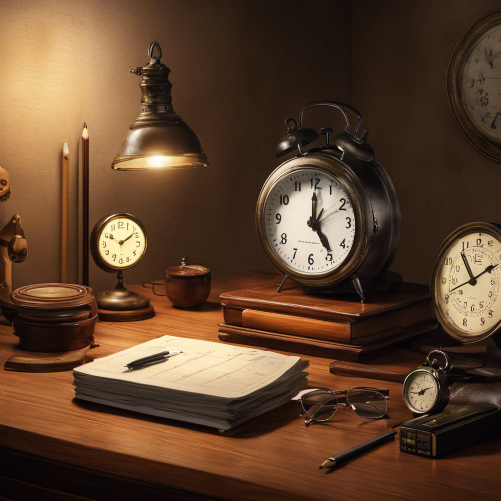  vintage analog clock next to a calculator, a payroll sheet, and a pencil, all on a wooden desk lit by a soft desk lamp