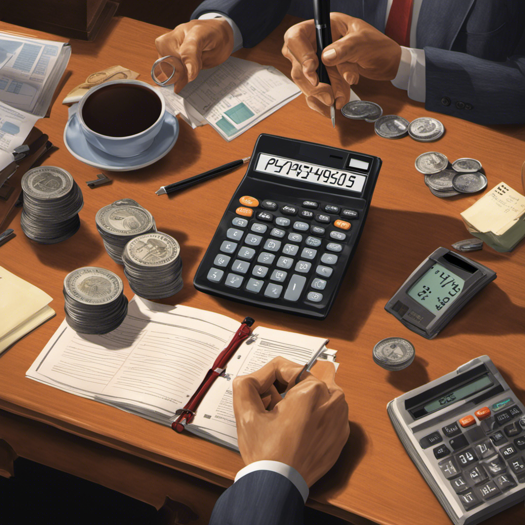  an image showing hands guiding another's on a calculator with a desk background full of paychecks, a stopwatch, and an instruction manual, symbolizing payroll training
