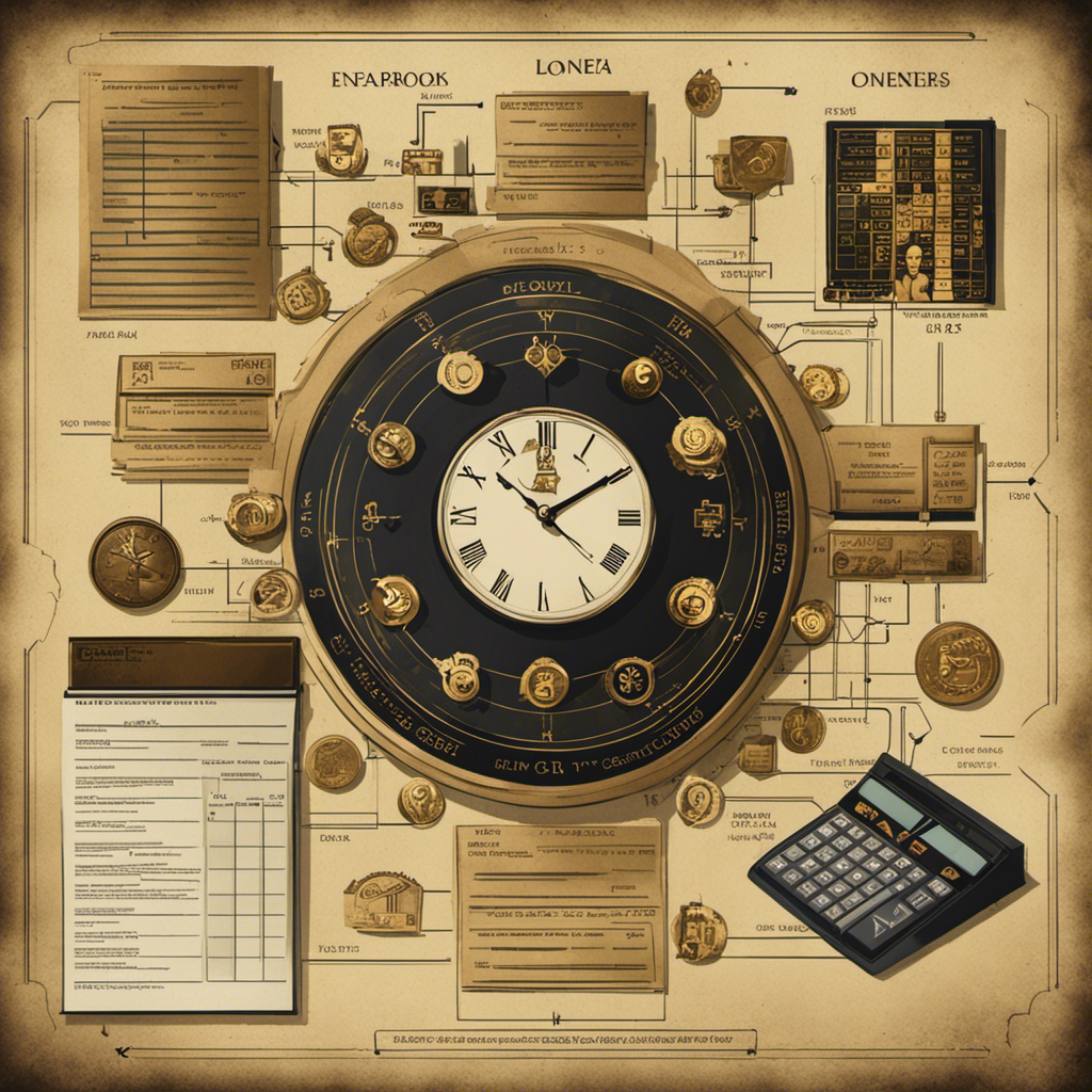 An image featuring a flowchart with symbols of money, employees, a calculator, and a clock to represent different stages of the payroll process