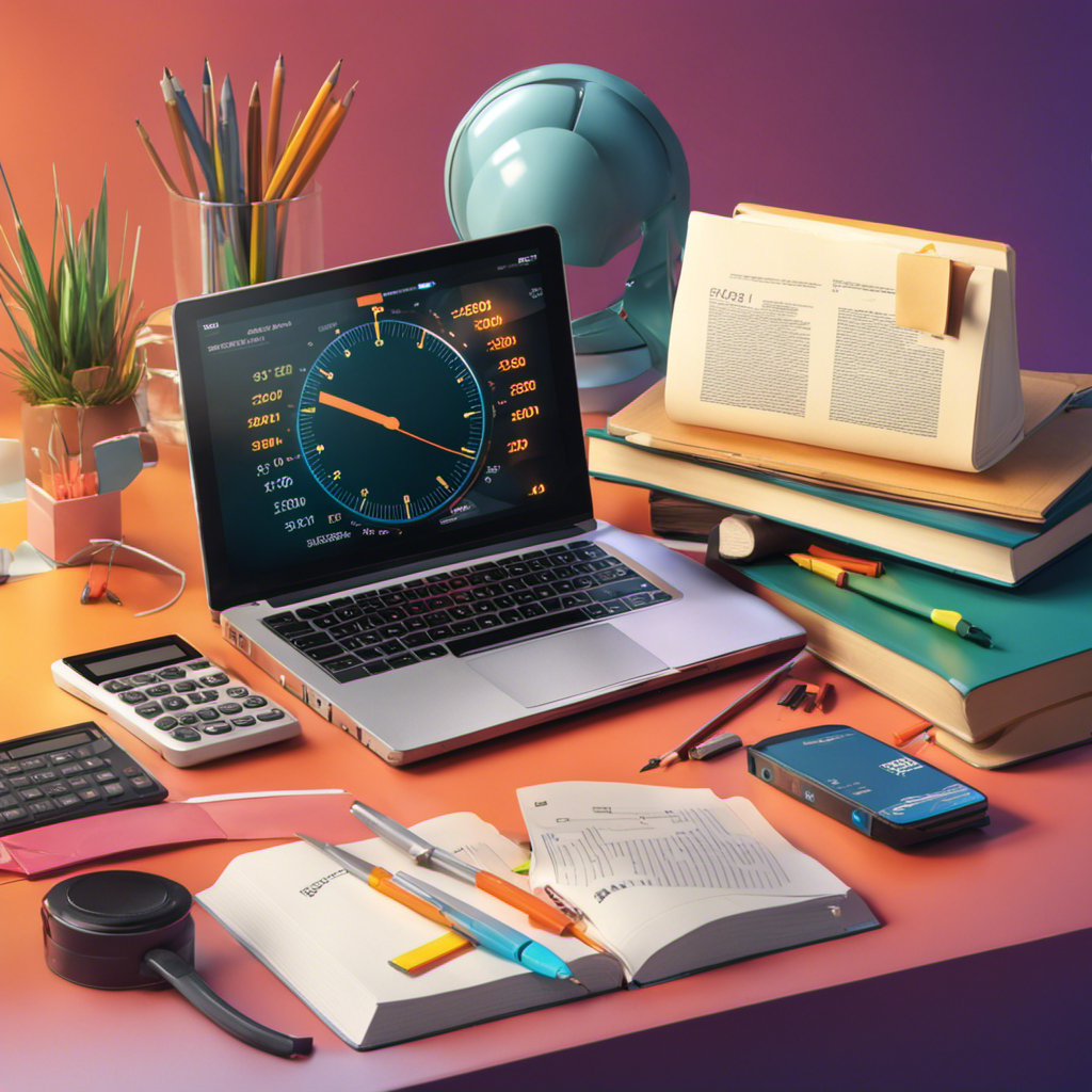 Stopwatch surrounded by study materials like textbooks, calculator, highlighters, and a laptop displaying an online course, all hinting towards payroll management and certification