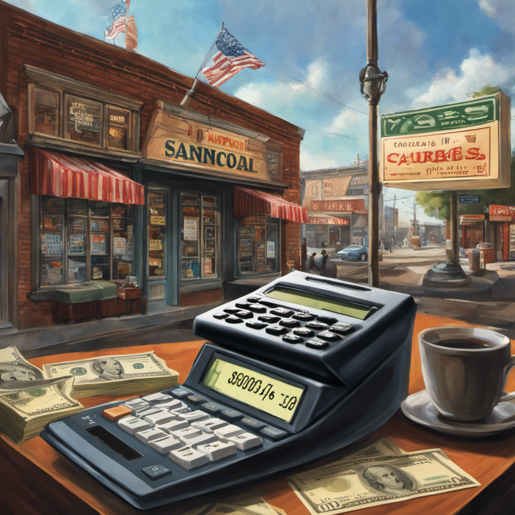 Ge showing a calculator, dollar bills, a payroll schedule on a desk, and a small business storefront in the background