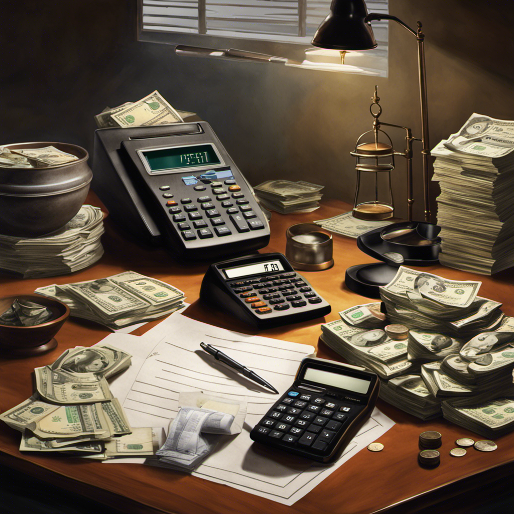 Ge showcasing a busy desk with a calculator, a pile of cash, time clock, payroll sheets, and a small balance scale indicating value