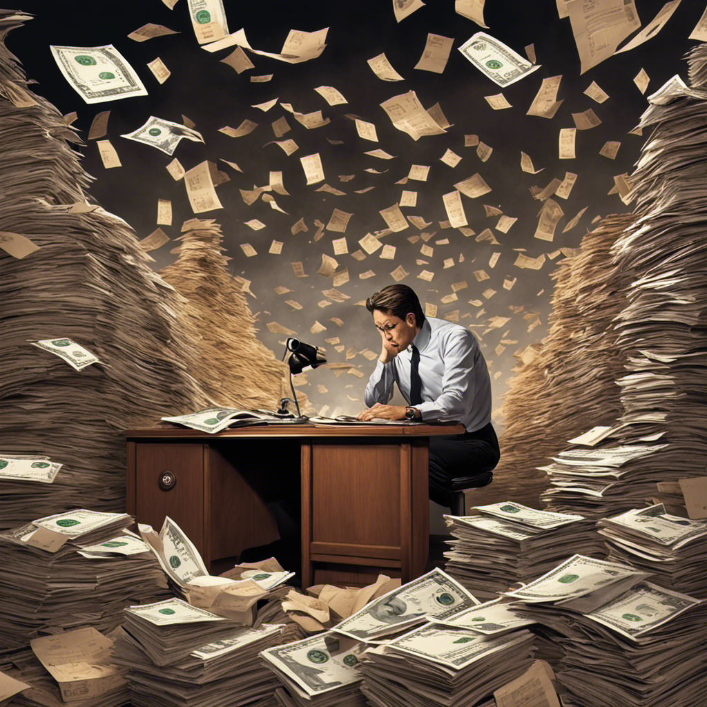  frazzled office worker buried under a mountain of paperwork, with a looming clock indicating a deadline, and dollar symbols floating around to represent payroll stress