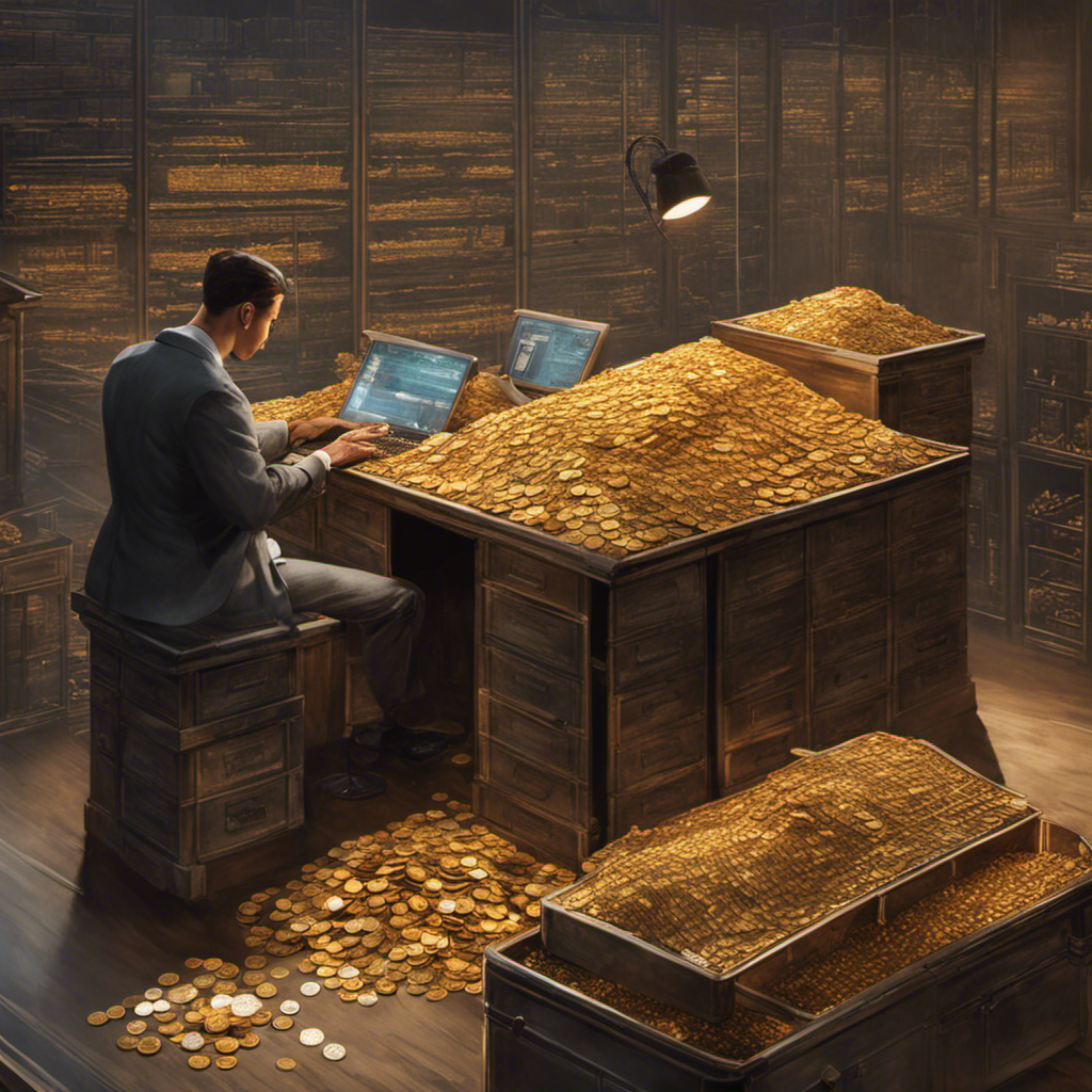 Ge depicting a person meticulously organizing stacks of coins, while simultaneously analyzing a complex flowchart of interconnected tasks on a transparent screen