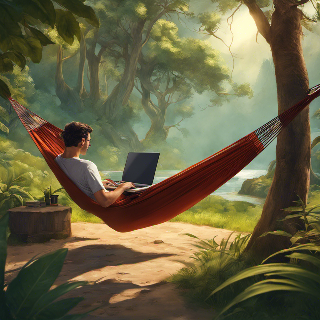  individual blissfully relaxing in a hammock, with a laptop showing a successfully completed payroll software on a desk nearby, surrounded by serene nature