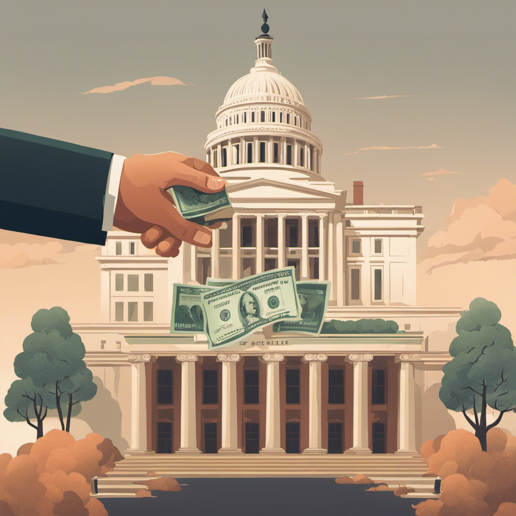 O hands holding symbolic objects: one holds a paycheck with deductions and the other a government building, symbolizing payroll taxes